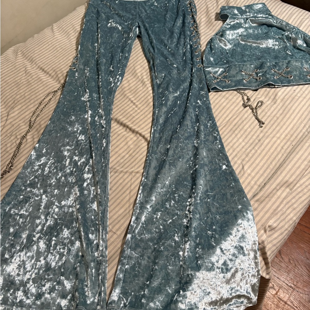 Elegant Blue Velvet Flare Pants w/top